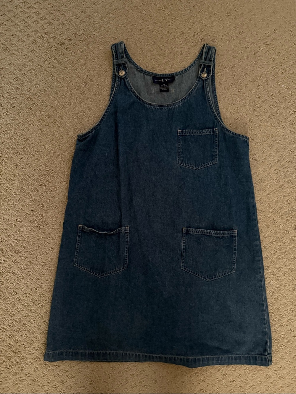Vintage Women's Dark Blue Denim Pinafore Mini Dress with Patch Pockets